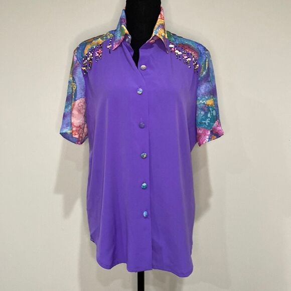 Vintage Purple Oversized Blouse with Rainbow Neckline and Stone/Bead Details - Picture 1 of 6